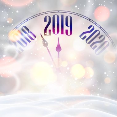 Saat, kar ve kar fırtınası ile yeni yıl 2019 parlak kartı. Bokeh etkisi. Vektör arka plan.