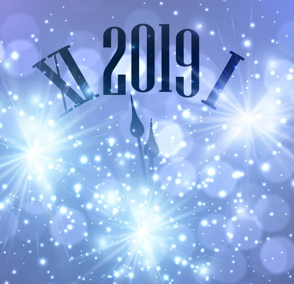 Lilac Shiny Happy New Year 2019 Card Clock Lights Bokeh — Stock Vector