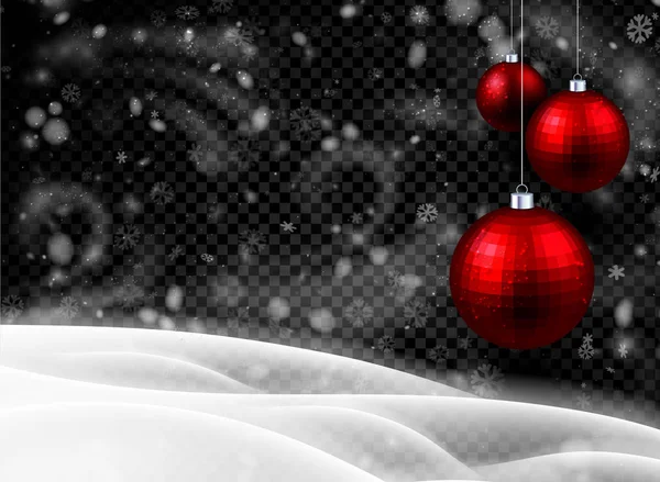 Modello Poster Natale Capodanno Con Palline Natale Rosse Paesaggio Invernale — Vettoriale Stock