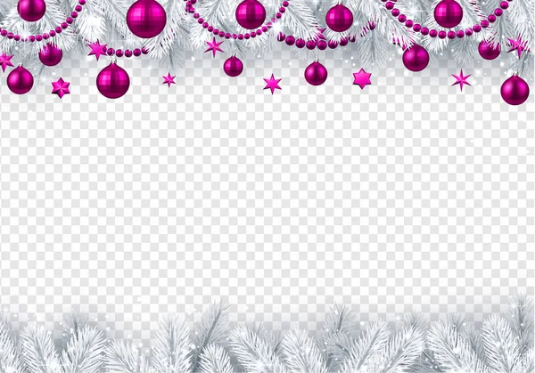 Kerstmis Nieuwjaar Poster Met Witte Spar Takken Roze Kerstballen Sterren — Stockvector