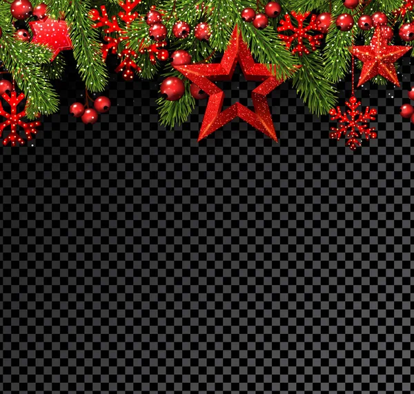 圣诞和新年节日海报 有闪亮的冷杉树枝 冬青浆果 雪花和红星 向量透明背景 — 图库矢量图片