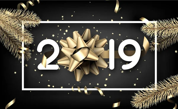 Feliz Año Nuevo 2019 Tarjeta Con Ramas Abeto Oro Confeti — Vector de stock