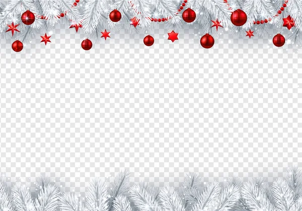 Weihnachts Und Neujahrsplakat Mit Tannenzweigen Und Roten Weihnachtskugeln Vektor Transparenter — Stockvektor