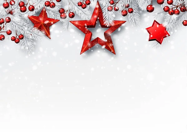 Weiße Weihnachts Und Neujahrskarte Mit Tannenzweigen Stechpalmen Und Roten Sternen — Stockvektor