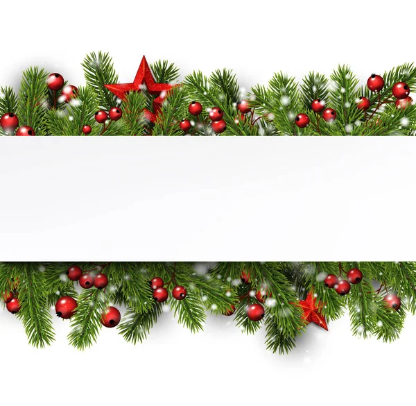 白色圣诞节和新年卡片模板与冷杉分支 冬青浆果和红色星 — 图库矢量图片