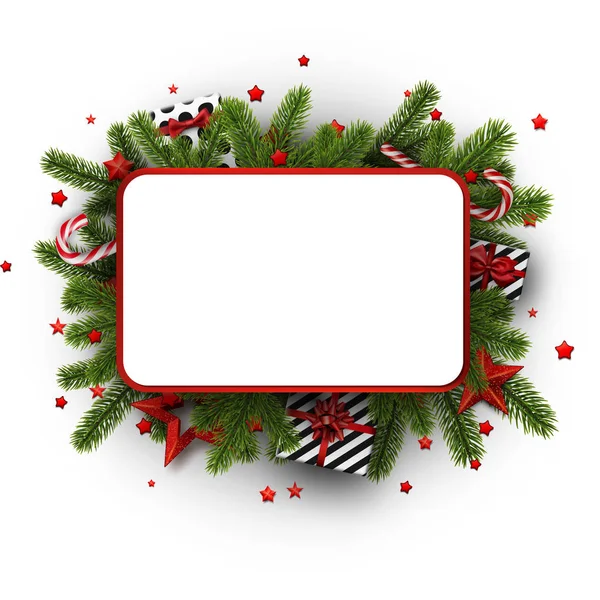 Шаблон Рождественских Новогодних Открыток Белой Рамкой Еловыми Ветвями Ягодами Подарками — стоковый вектор