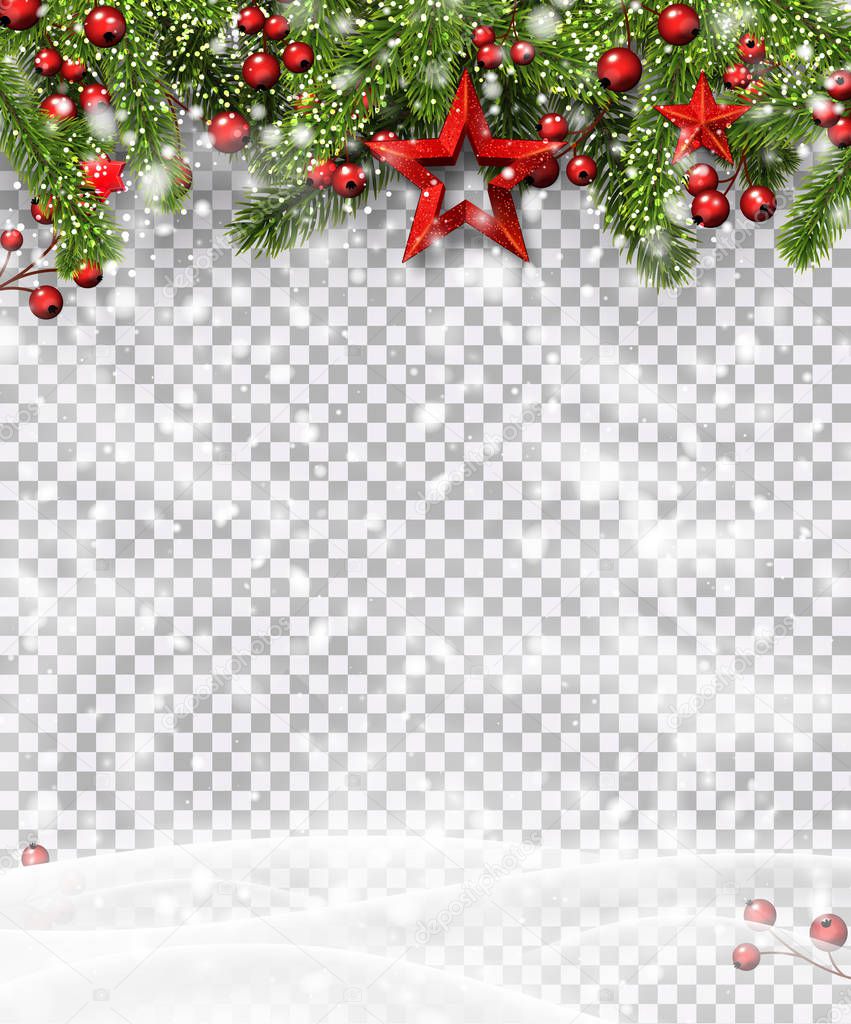 Christmas and New Year poster template with green fir branches, holly berries, stars and snow. Vector transparent background