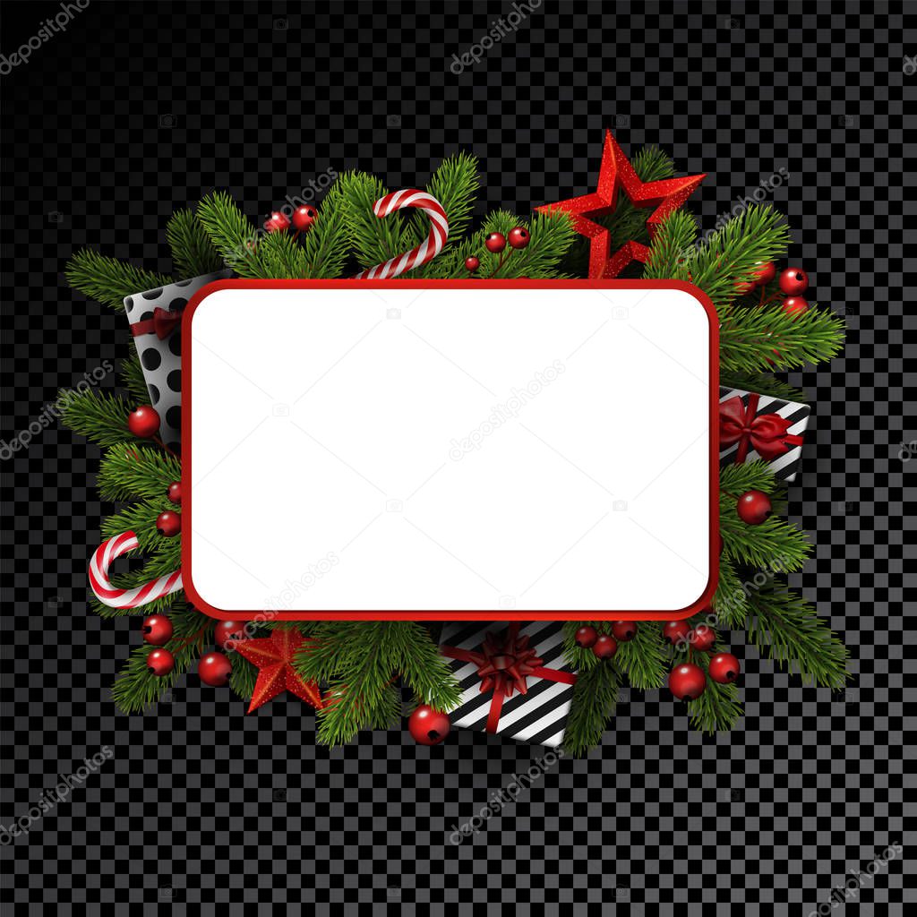 Christmas and New Year card template with white frame, fir branches, holly berries and gifts.