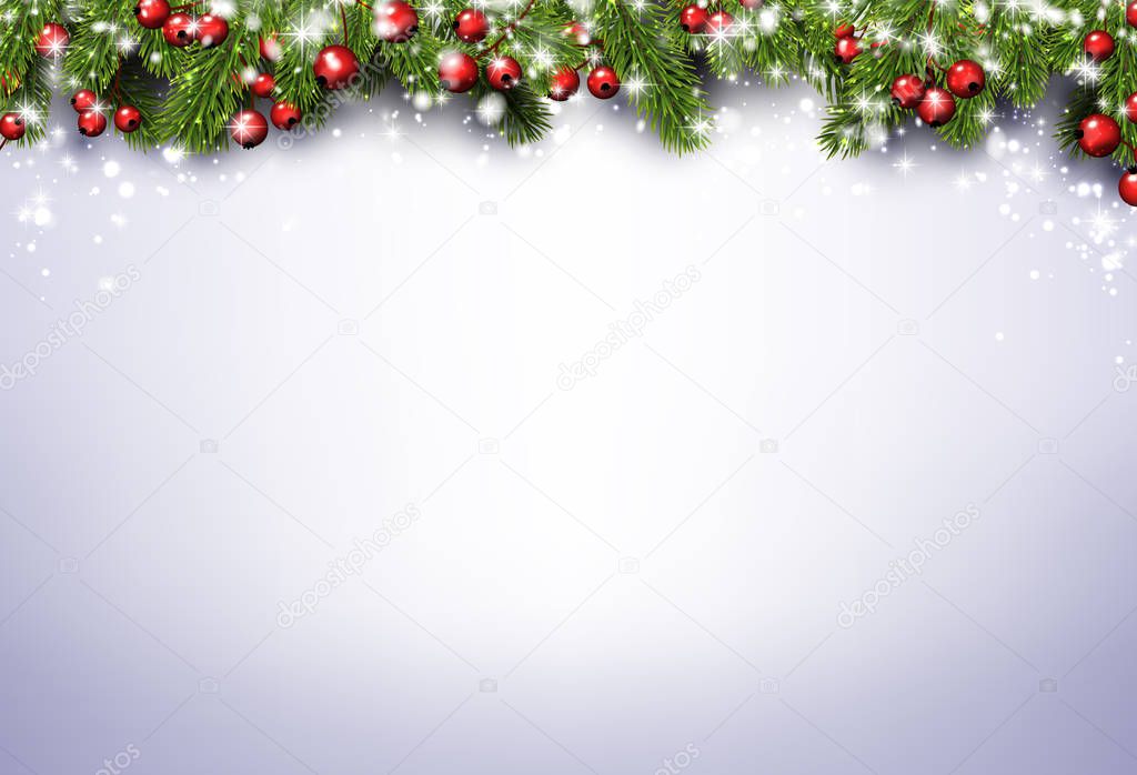 Christmas and New Year festive banner with fir branches, holly berries and snow. 