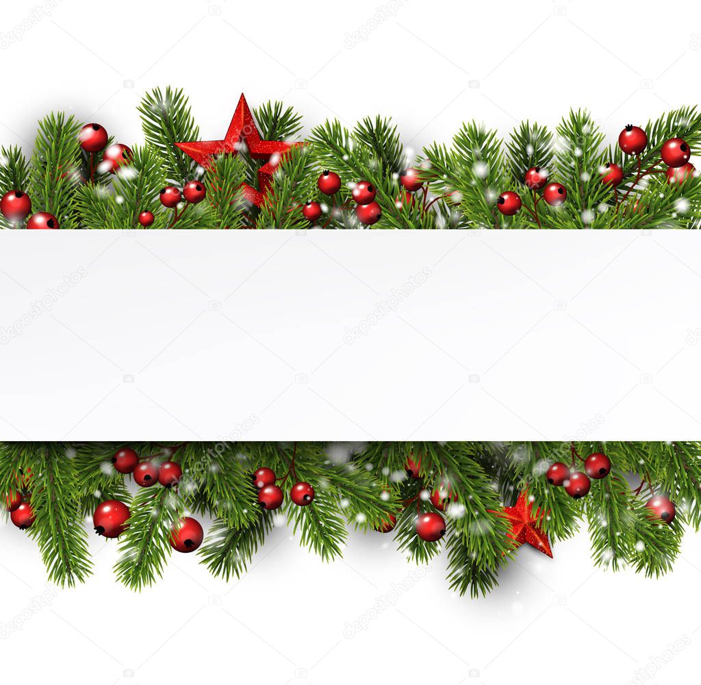 White Christmas and New Year card template with fir branches, holly berries and red stars. 