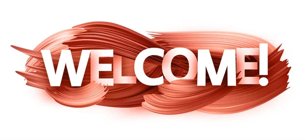 Welcome text banner with living coral brush strokes. - Stok Vektor
