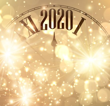 Golden shining 2020 New Year background with clock. clipart