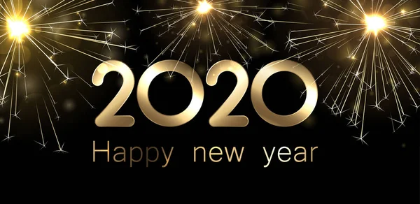 Gelukkig Nieuwjaar 2020 spandoek met gouden sprankelend vuurwerk. — Stockvector