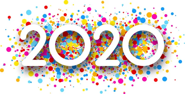 Nowy Rok 2020 kartka okolicznościowa z kolorowym okrągłym konfetti. — Wektor stockowy