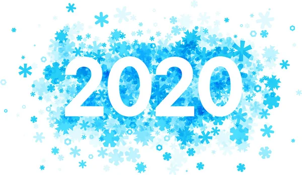 Signo de año nuevo 2020 con copos de nieve planos azules sobre fondo blanco — Archivo Imágenes Vectoriales