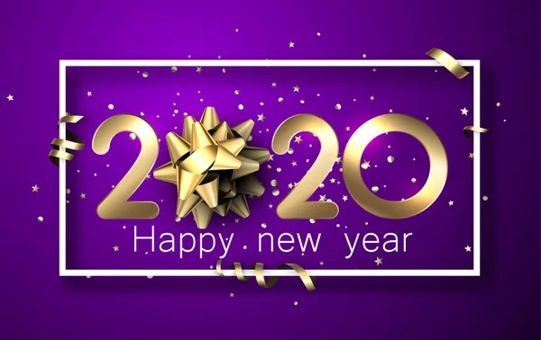 Фіолетовий блискучий щасливий новорічний фон із золотим 3d 2020 nubme — стоковий вектор