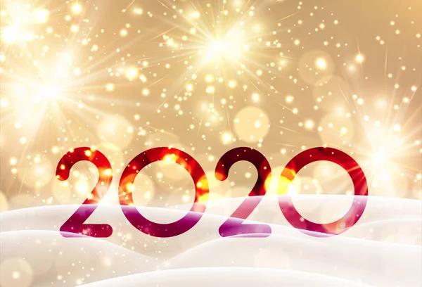 Vánoční a novoroční přání 2020 s ohňostrojem a sněhem. — Stockový vektor