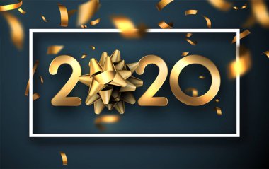 Altın rengi bulanık konfetiyle Mutlu Yıllar 2020 posteri.