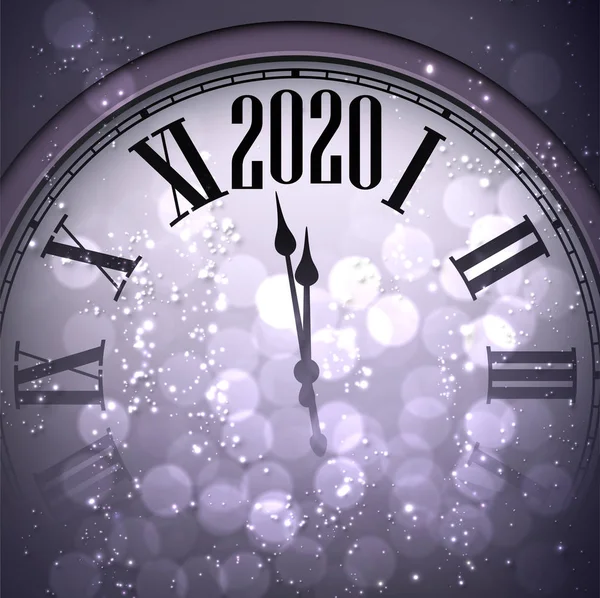 Purple shiny Happy New Year 2020 card with clock and lights. — Stock Vector
