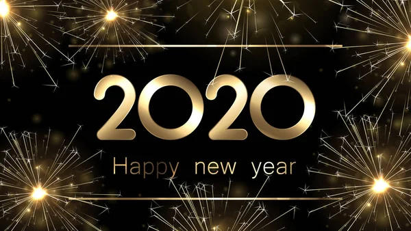 Felice anno nuovo 2020 banner con fuochi d'artificio scintillanti d'oro . — Vettoriale Stock
