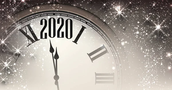 2020 új év kék háttér óra és csillagok. — Stock Vector