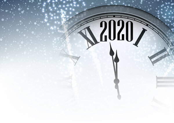 Blue shining 2020 New Year background with clock.