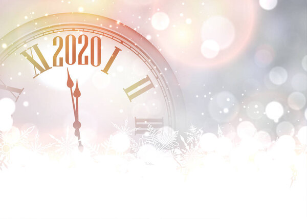Purple shining 2020 New Year background with clock.