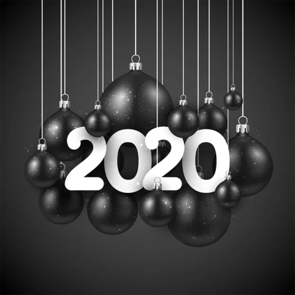 Realistic black Christmas balls with 2020 paper numbers. — Stock Vector