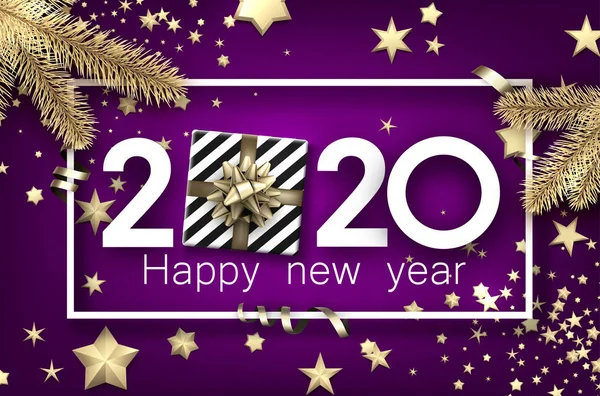 Фіолетовий блискучий щасливий новорічний фон з 3d 2020 nubmers та подарунковою коробкою . — стоковий вектор