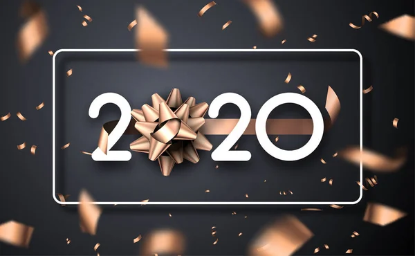 Gott nytt år 2020 affisch med 3D-båge och suddig konfetti. — Stock vektor