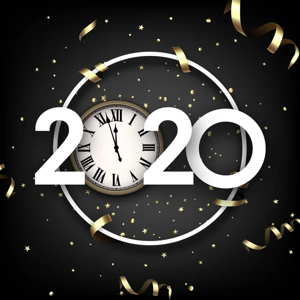 Fondo negro feliz año nuevo con papel blanco 3d 2020 nubmers — Vector de stock