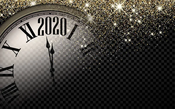 Oro brillante 2020 Año Nuevo fondo con reloj . — Vector de stock