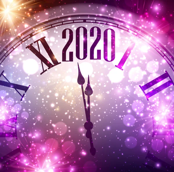 2020 fundo quadrado do ano novo com relógio e fogos de artifício . — Vetor de Stock