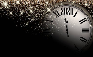 Altın gibi parlak 2020 yılbaşı arkaplanı ve saati var. Tebrik kartı.