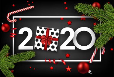 Beyaz 3D 2020 nubmers ve hediye kutusu ile siyah parlak mutlu yeni yıl geçmişi. 