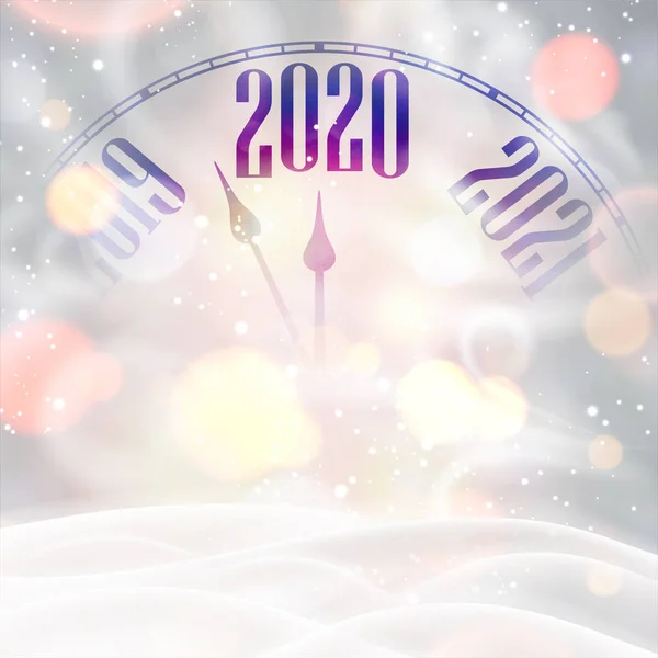 Új Év 2020 fényes kártya óra, hó és hóvihar. — Stock Vector