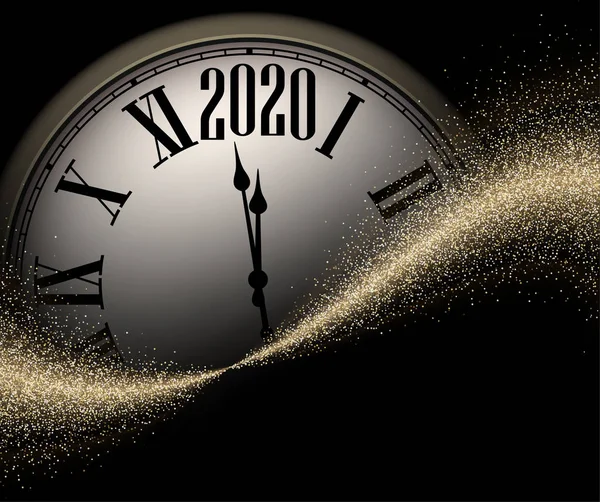 Illustrazione di Natale. Oro sabbia lucida 2020 Capodanno sfondo con orologio rotondo su nero . — Vettoriale Stock