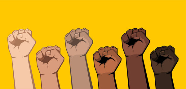 Six raised clenched fists of different shades. Skin of different colors, yellow background. Vector illustration