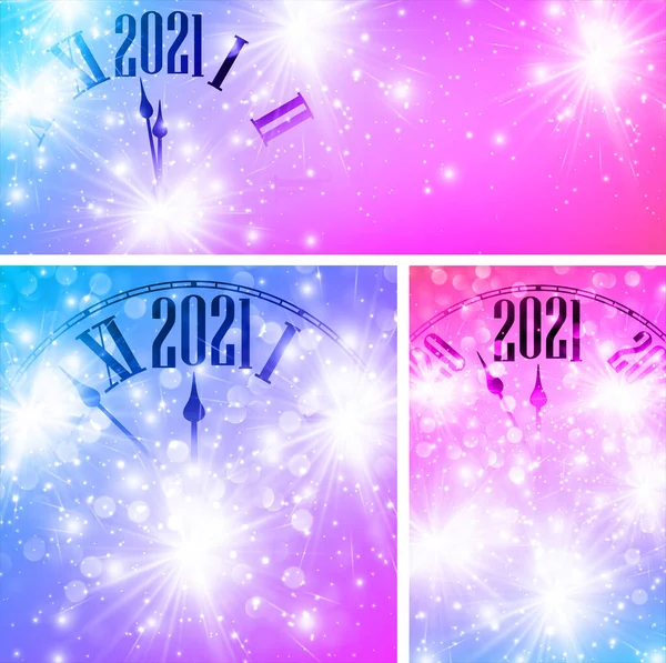 2021年を示す時計のセット 青とピンクの背景に光沢のある星を持つ創造的な時計 ベクターホリデーイラスト — ストックベクタ