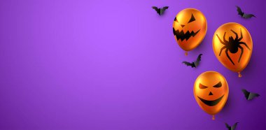 Korkunç yüzleri ve örümcekleri olan üç boyutlu turuncu balonlar. Siyah kağıt yarasalar. Violet geçmişi. Mesajın için biraz yer aç. Vektör Cadılar Bayramı illüstrasyonu.