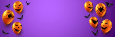 Korkunç yüzlü turuncu 3D balonlar, örümcekler ve yarasalar. Siyah kağıt yarasalar. Violet geçmişi. Mesajın için biraz yer aç. Vektör Cadılar Bayramı illüstrasyonu.