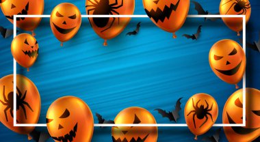 Korkunç yüzleri ve örümcekleri olan üç boyutlu turuncu balonlar. Siyah kağıt yarasalar. Beyaz çerçeveli. Turkuaz fırça darbeleri. Mesajın için biraz yer aç. Vektör Cadılar Bayramı illüstrasyonu.