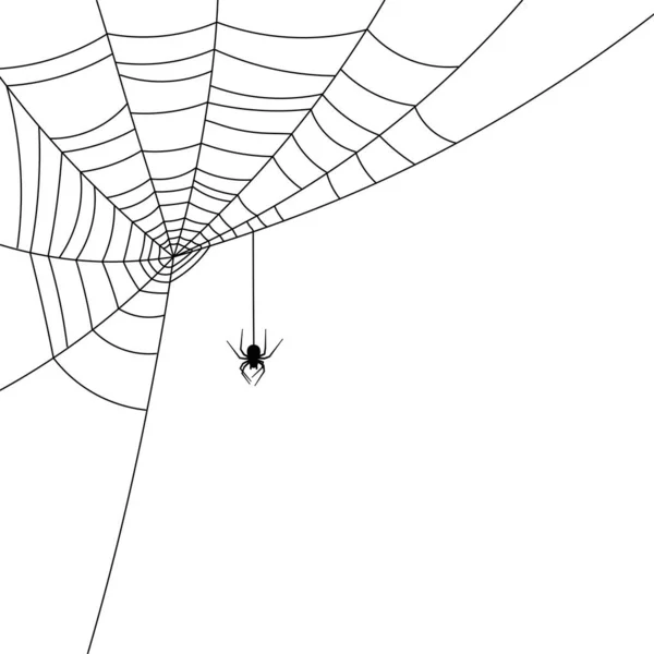 Araña Negra Colgando Tela Araña Esquina Izquierda Ilustración Fondo Blanco — Vector de stock