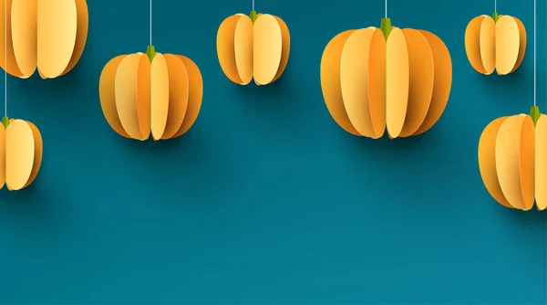 Calabazas Papel Naranja Colgando Hilos Sobre Fondo Azul Espacio Para — Archivo Imágenes Vectoriales