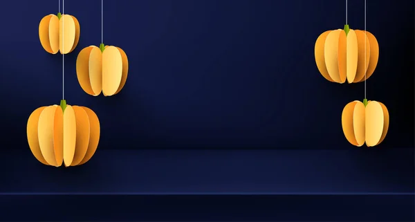 Calabazas Papel Naranja Colgando Los Hilos Sobre Fondo Azul Oscuro — Archivo Imágenes Vectoriales