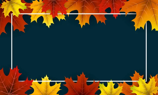 Rood Oranje Geel Esdoorn Bladeren Frame Donkerblauwe Achtergrond Vector Herfst — Stockvector