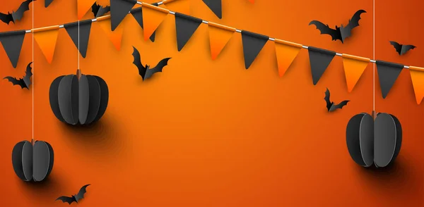 Zwarte Papieren Pompoenen Opknoping Draden Vleermuizen Oranje Achtergrond Zwarte Oranje — Stockvector