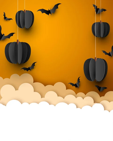 Negro Calabazas Papel Murciélagos Sobre Fondo Naranja Nubes Blancas Naranjas — Vector de stock