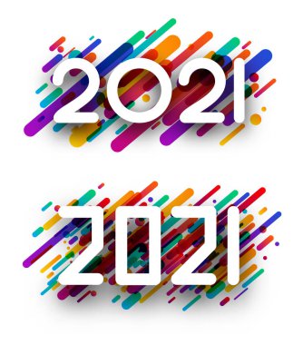 Renkli konfeti arka planında iki tip 2021 beyaz tabela. Vektör tatil illüstrasyonu.