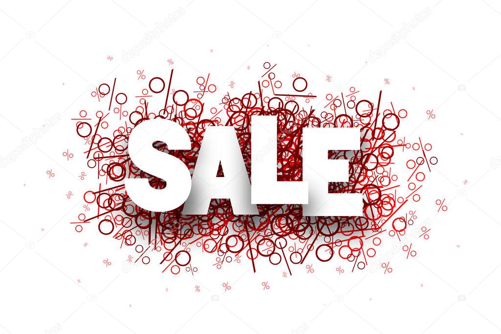 Sale sign over red percent confetti on white background. Vector illustration.